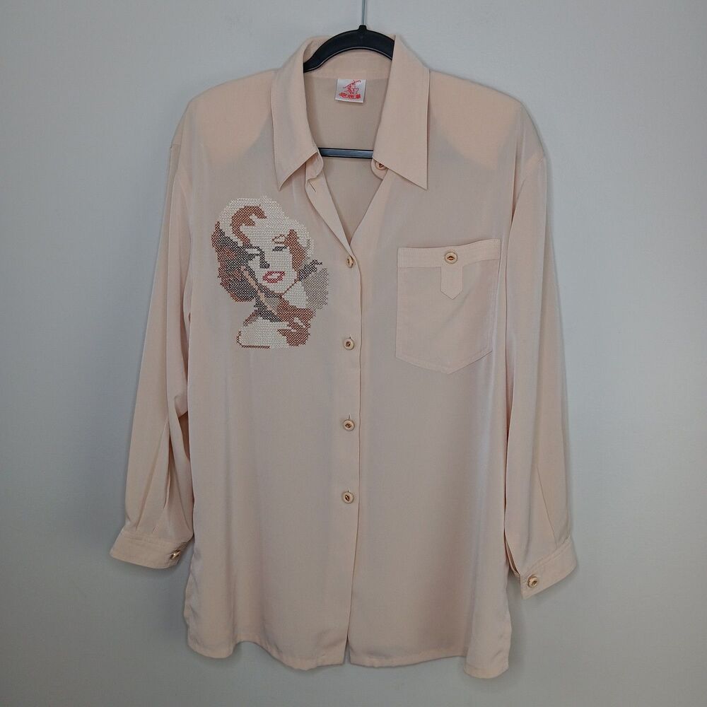 Vintage Marilyn Monroe Blouse Women's Size XL Embroidered Shirt Novelty Artsy - Picture 2 of 8